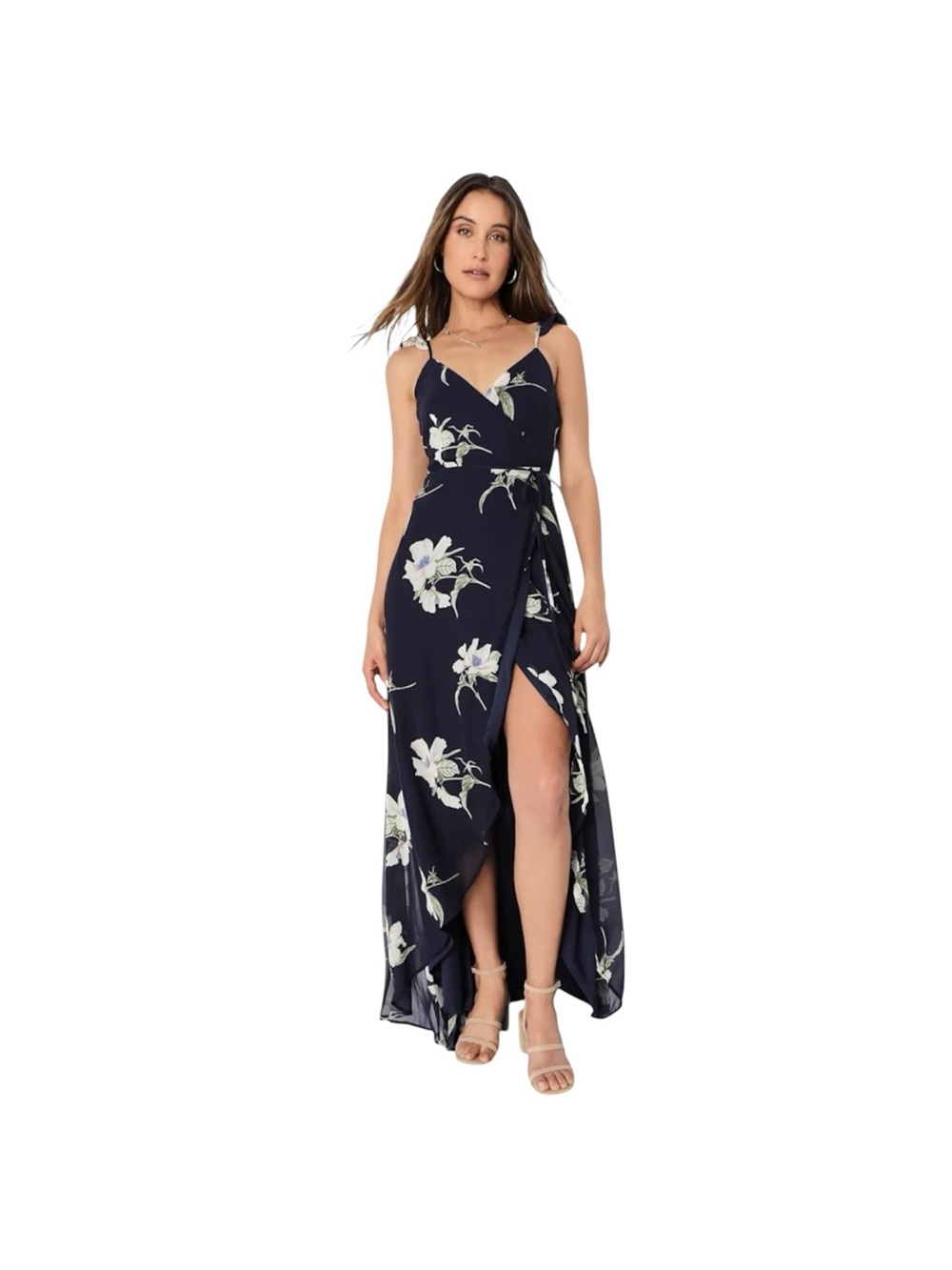 Lulus All Mine Wrap Maxi Dress XXS Navy Blue Floral High Slit Wedding Guest NWT